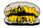 Cartoon-style teeth with yellow grills on a white background